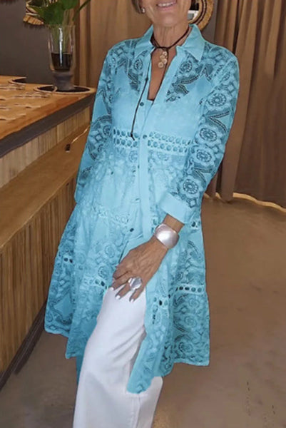 Solid Color Hollow Lace Lapel Button Long Shirt