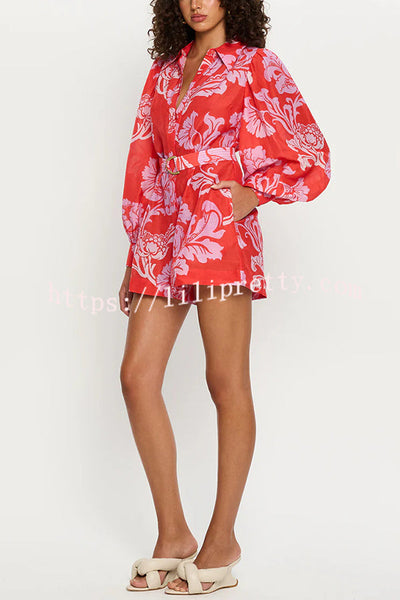 Linen Blend Botanical Print Lapel Puff Sleeve Loose Tie Casual Rompers