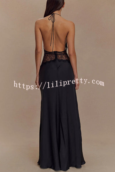 Romantic Sexy Satin Lace Waist Halter Maxi Dress
