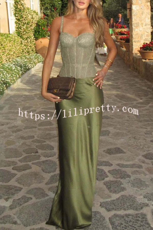 In A Fairytale Lace Satin Mid Rise Drape Maxi Skirt