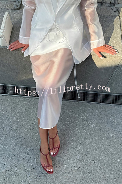 Simple and Light See-through Fabric Mid Rise Pencil Slit Midi Skirt