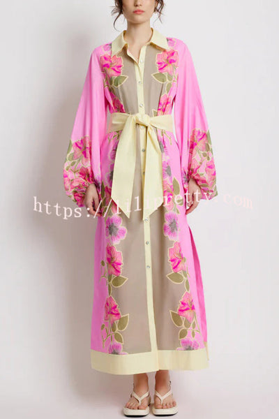 Linen Blend Floral Print Casual Cardigan Lace-up Maxi Dress