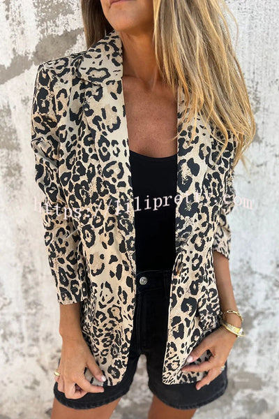 Leopard Print Lapel Long Sleeve Casual Blazer