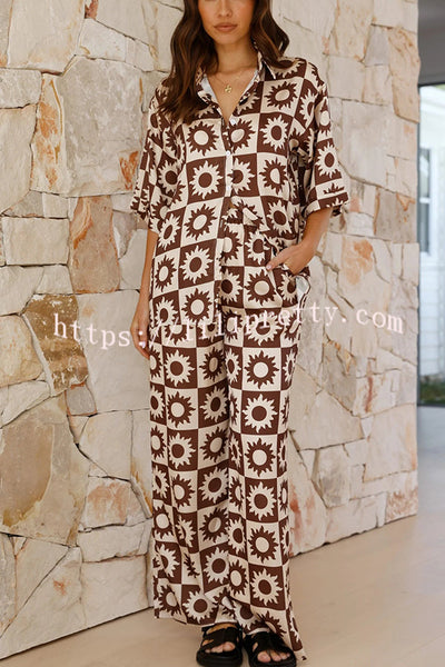 Freedom Forever Unique Print Short Sleeve Loose Shirt and Elastic Waist Pants Set