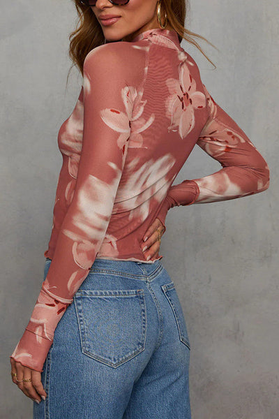 Floral Print Long-sleeved Stand-up Collar Casual Slim-fit Top