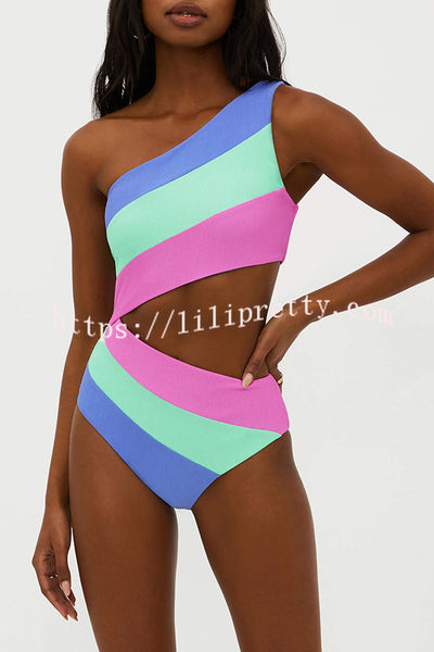 Justine Ribbed Color Block One Shoulder Cutout Stretch One-piece Swimsuit