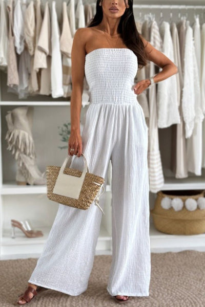 Linen Blend Solid Color Off-the-shoulder Pleated Casual Pocket Wide-leg Jumpsuit