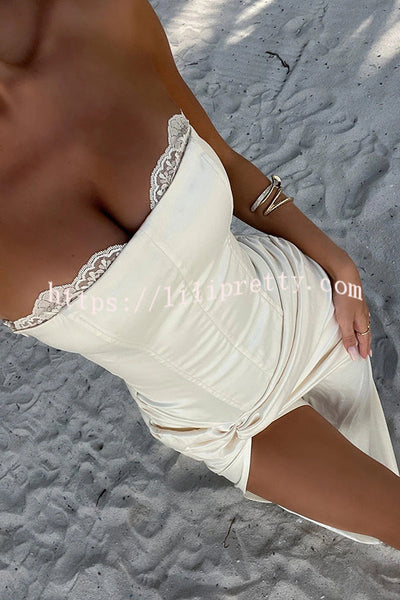 Satin Off-shoulder Elegant Back Tie High Slit Slim Maxi Dress