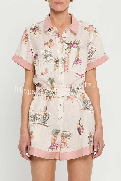 Plant Print Lapel Short Sleeves Loose Pocket Waist Tie Casual Rompers
