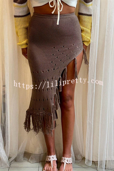 Solid Color Elastic Waist Hollow Tassel Beach Knitted Midi Skirt