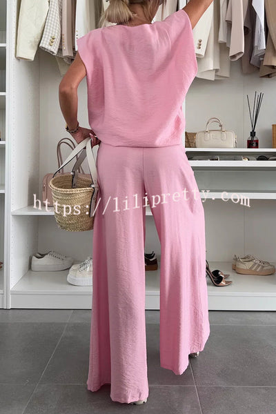 Santie Round Neck Cape Sleeve Loose Top and Elastic Waist Pocket Wide Leg Pants Set