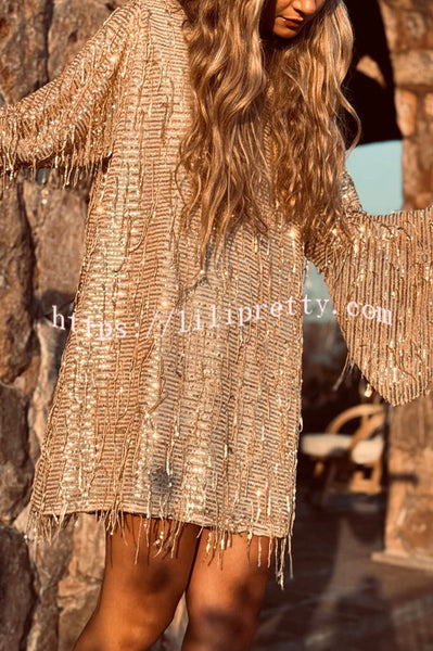 Flowing Shimmer Sequin Tassel Fabric Bell Sleeve Back Tie-up Loose Mini Dress