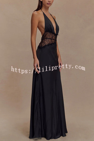 Romantic Sexy Satin Lace Waist Halter Maxi Dress