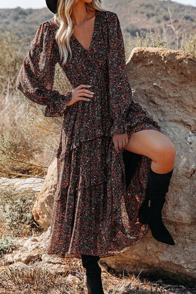 Floral Print V-Neck Loose Casual Holiday Midi Dress