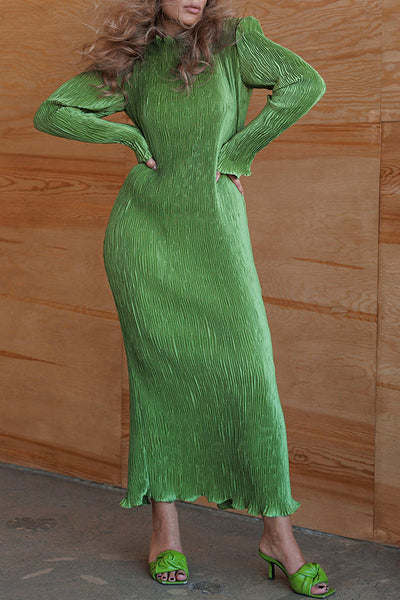 Hansin Satin Pleated Fabric Long Sleeve Wavy Trim H-line Slit Midi Dress