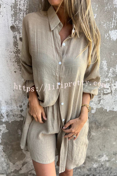 Solid Color Casual Lapel Long Shirt and Elastic Waist Loose Pocket Shorts Set