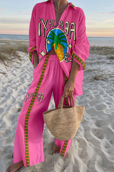 Pineapple Print Oversized Shirt and Elastic Waist Pocket Pants Set