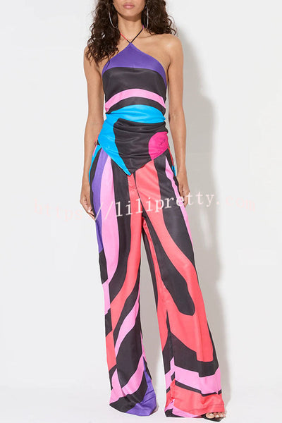 Jodie Unique Print Halter Scarf Tank and Elastic Waist Pocketed Wide Pants Set