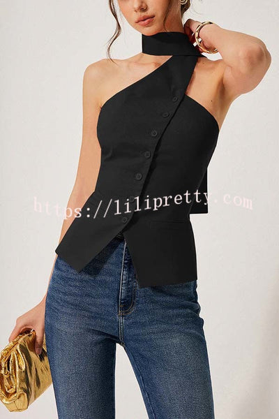 Rima Linen Blend Asymmetric Halter Neck Button Smocked Vest