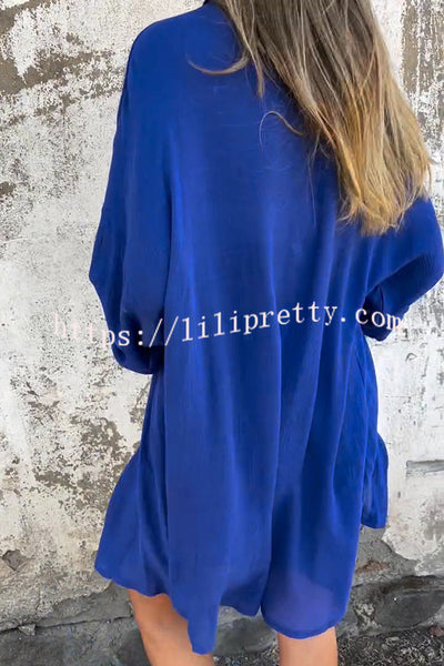 Solid Color Casual Lapel Long Shirt and Elastic Waist Loose Pocket Shorts Set