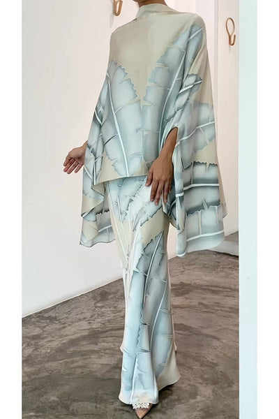 Matilda Satin Unique Print Drape Cape Sleeve Top and Elastic Waist Maxi Skirt Set