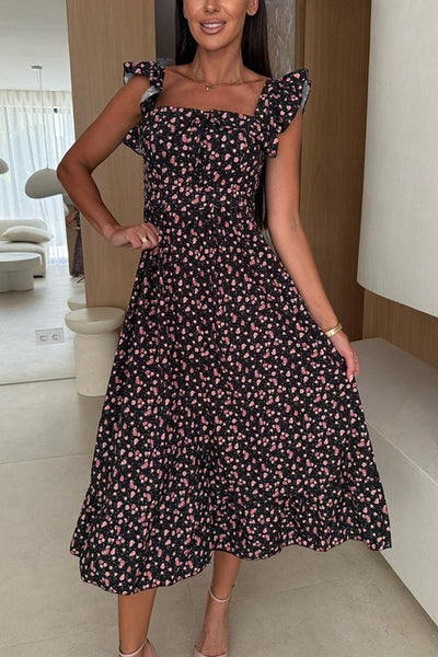 Floral Print Square Neck Pleated Back Midi Dress