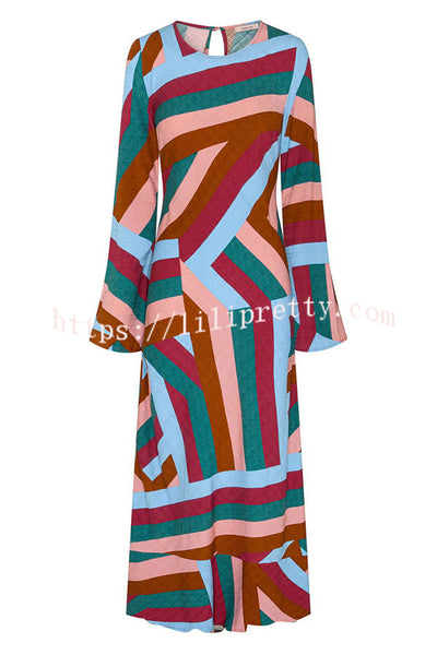 Smooth Lines Color Block Print Long Sleeve Bias Cut Loose Maxi Dress