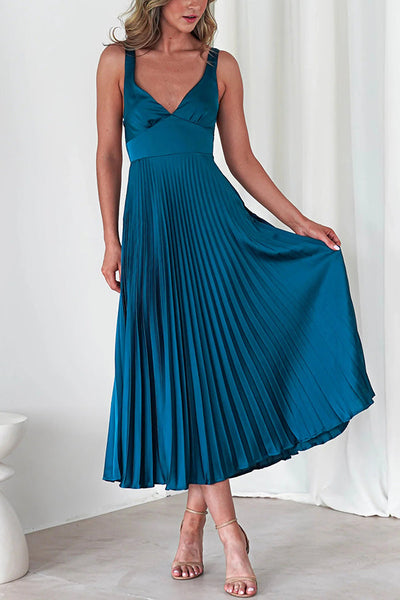 Satin Solid Color Sexy V-Neck Pleated Maxi Dress