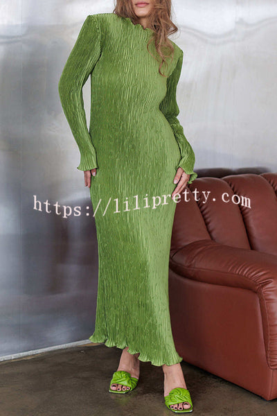 Hansin Satin Pleated Fabric Long Sleeve Wavy Trim H-line Slit Midi Dress