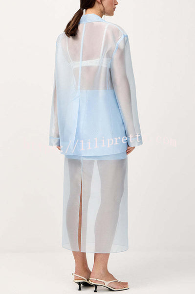 Simple and Light See-through Fabric Tie-up Long Sleeve Pocket Lapel Blazer