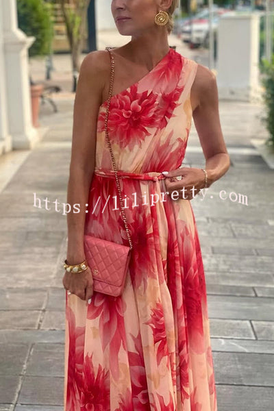 Floral Print One Shoulder Waist Tie Full Hem Resort Style Maxi Dress