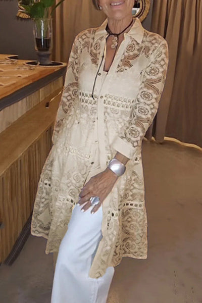 Solid Color Hollow Lace Lapel Button Long Shirt
