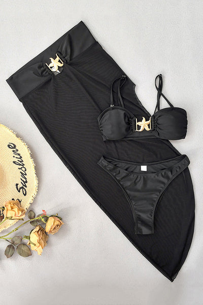 Sexy Detachable Strap Stretch Bikini and Starfish Embellished Mesh Skirt Set