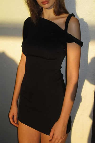 Sexy Solid Patch Oblique Collar Wrapped Skirt Dresses