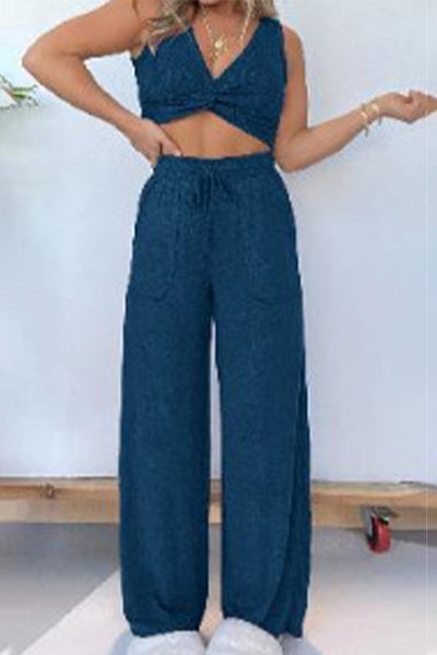 Sexy Casual Solid Pocket Fold V Neck Sleeveless Two Pieces