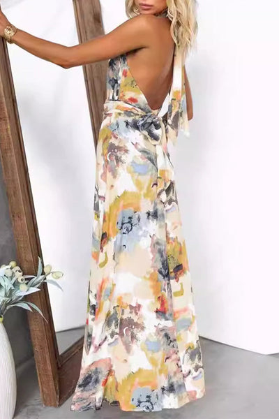 Sexy Gradient Print Frenulum Backless Contrast Halter Printed Dresses