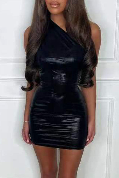 Sexy Solid Asymmetrical Oblique Collar Wrapped Skirt Dresses