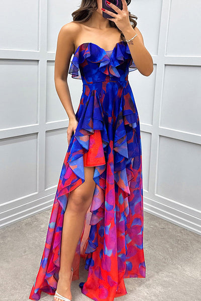 Sexy Gradient Print Ruffle Slit Strapless Irregular Dresses(3 Colors)
