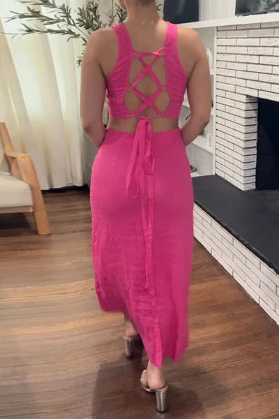 Sexy Hollow Out Backless Strap Design O Neck One Step Skirt Dresses