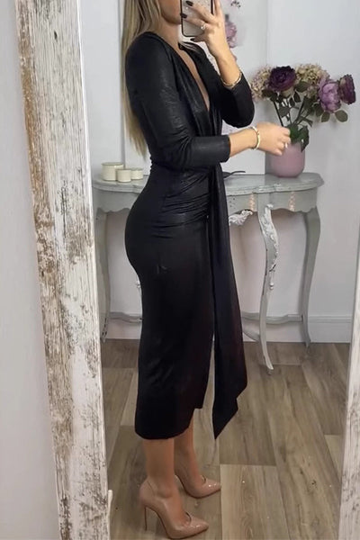 Sexy Bronzing Pattern Ruched V Neck Wrapped Skirt Dresses