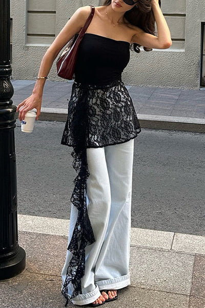 Sexy Solid Color Lace Stringy Selvedge Strapless Tops