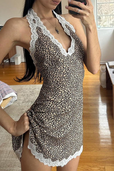 Sexy Leopard Lace Lace Up Halter Sleeveless Dresses