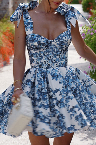 Sexy Floral Print Lace Up Contrast V Neck A Line Dresses