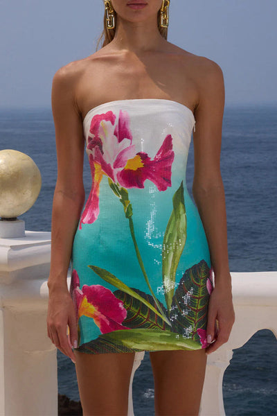 Sexy Floral Print Sequins Contrast Strapless Wrapped Skirt Dresses