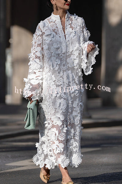 Solid Color Hollow Embroidery Loose Long Sleeve Midi Dress