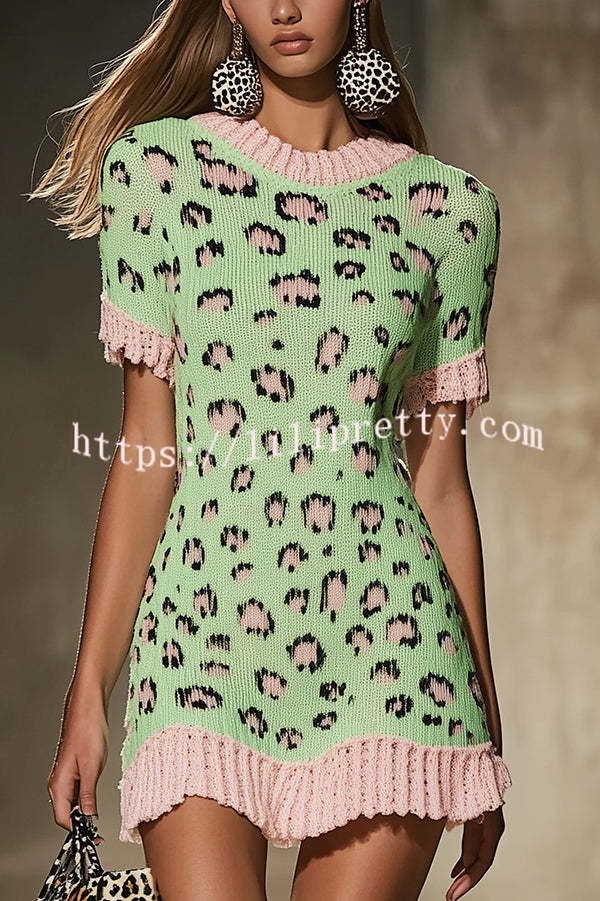 Leopard Print Contrast Color Knit Short Sleeve Ruffled Mini Sweater Dress