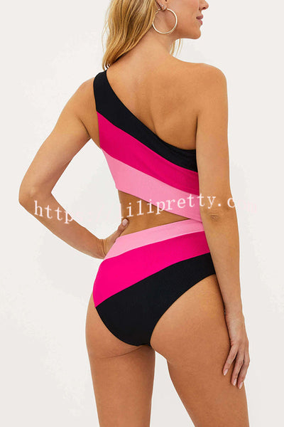 Justine Ribbed Color Block One Shoulder Cutout Stretch One-piece Swimsuit