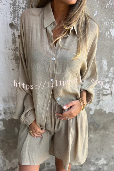 Solid Color Casual Lapel Long Shirt and Elastic Waist Loose Pocket Shorts Set
