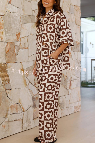 Freedom Forever Unique Print Short Sleeve Loose Shirt and Elastic Waist Pants Set