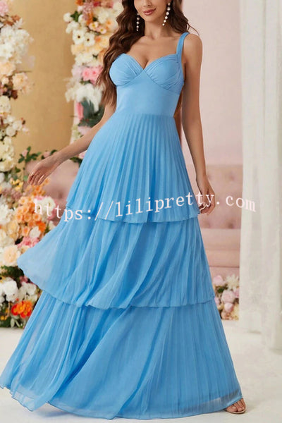 Solid Color Elegant Multi Layered Pleated Wide Shoulder Strap Maxi Dress